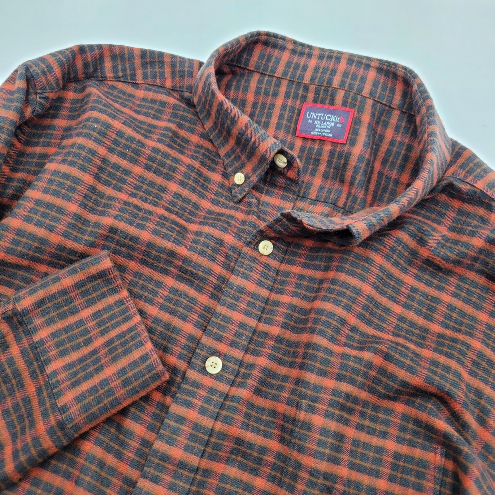 UNTUCKit Mens XXL Relaxed Fit Plaid Flannel Button Down Shirt Orange Navy Blue